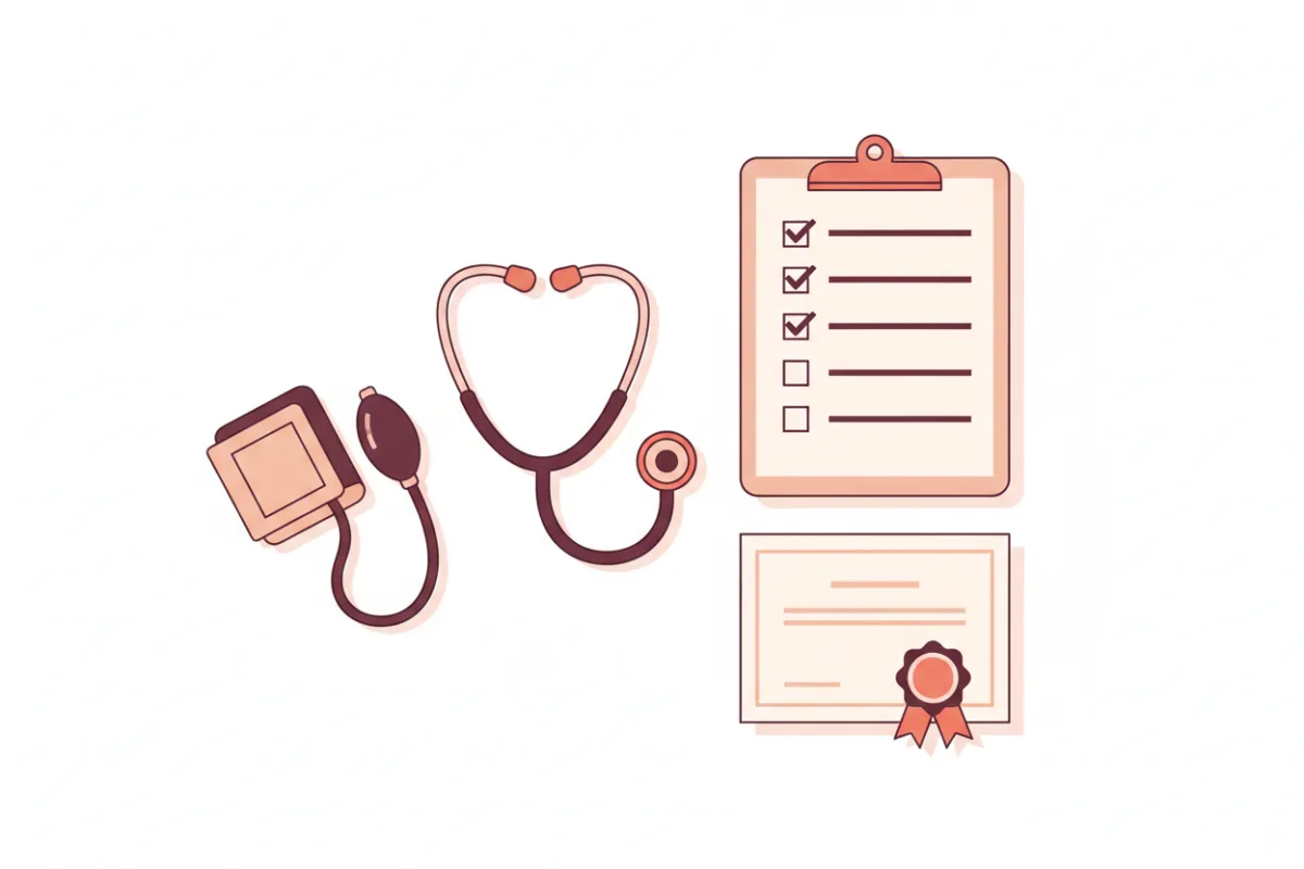 Illustration of a stethoscope, blood pressure cuff, a checklist with ticked boxes, and a certificate with a ribbon seal